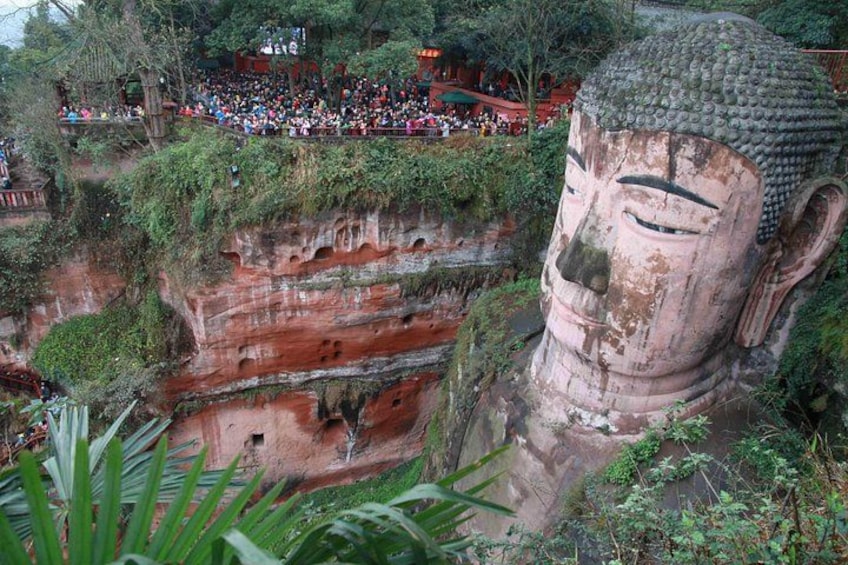 A large Buddha statue surrounded by lush greenery and a crowd of people. 1