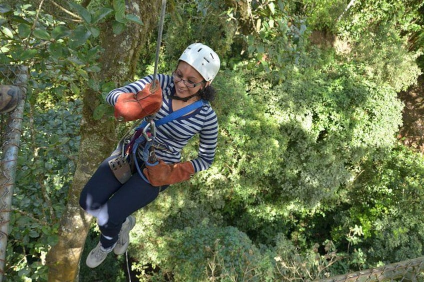 A person zip-lining through a forested area. 5