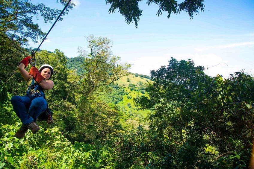 Eine Person saust an einer Zipline durch ein bewaldetes Gebiet mit Blick auf ein grünes Tal. 2