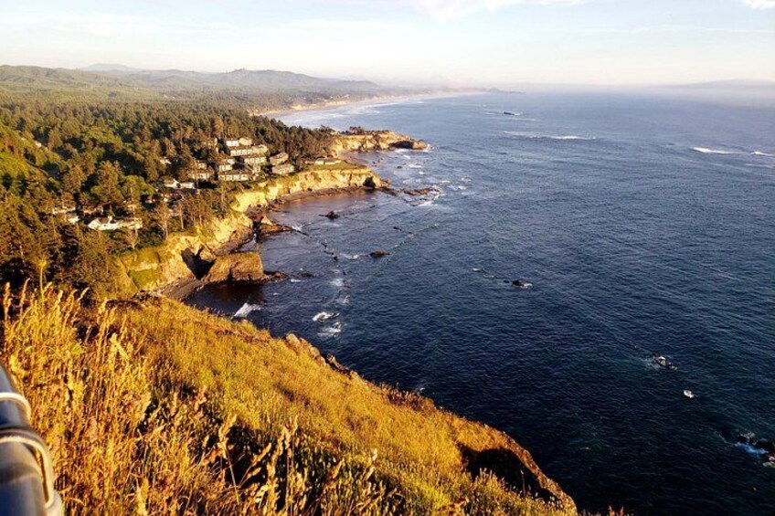 Un paysage côtier avec une ville, des falaises et l’océan. 3