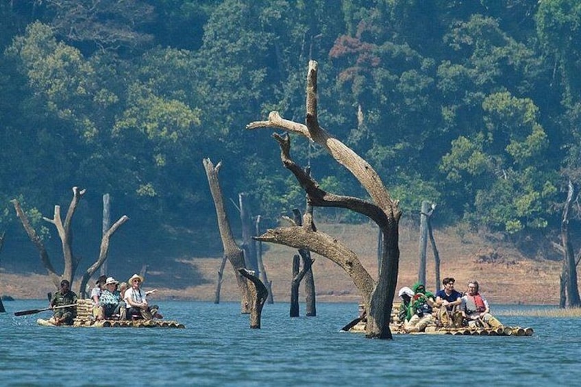 People on a raft in a body of water with dead trees in the background. 5