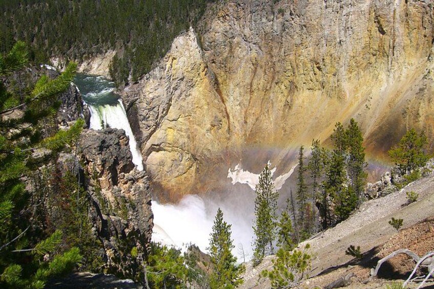 A waterfall cascading down a rocky cliff, surrounded by trees and a clear sky. 4