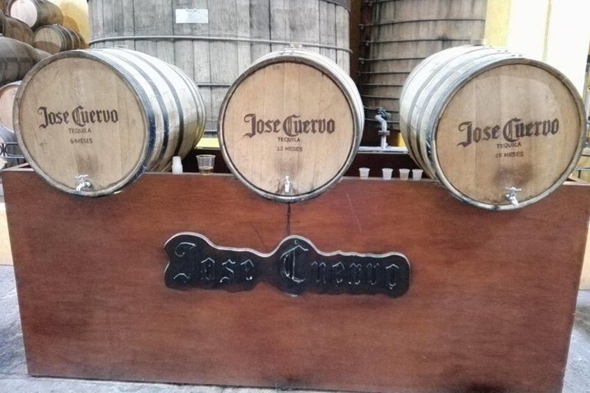 Una vitrina de madera con tres barriles etiquetados 'Jose Cuervo' y un letrero que dice 'Jose Cuervo'. 4