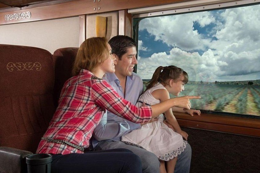 Eine dreiköpfige Familie in einem Zugabteil, ein Kind deutet auf die vorbeiziehende Landschaft. 5