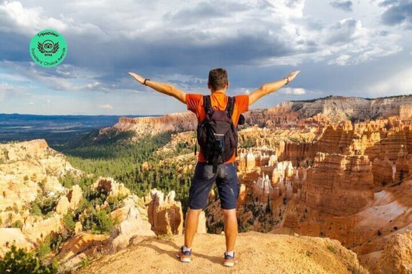 Una persona in piedi su una scogliera con le braccia aperte, che domina un canyon con formazioni rocciose stratificate. 1