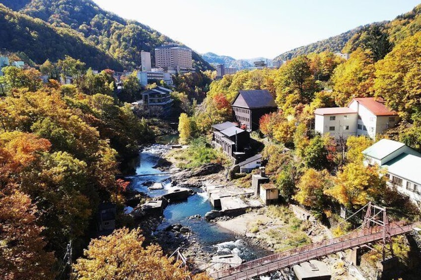 A river flowing through a valley with buildings and a bridge. 5