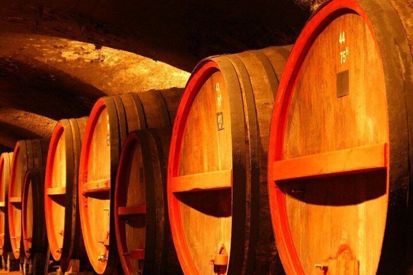 Wooden barrels with red bands, arranged in a row, in a dimly lit cellar. 3