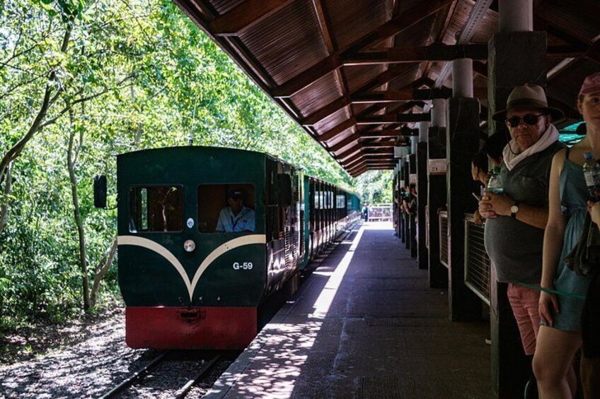 A train at a station with a covered platform, surrounded by trees. 4