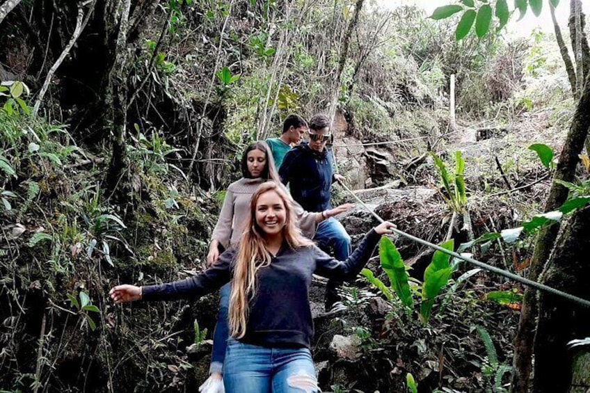 Un grupo de personas caminando por una zona boscosa con vegetación densa y terreno rocoso. 4