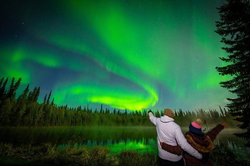 Une personne pointant du doigt le ciel nocturne, une forêt et une étendue d’eau. 2