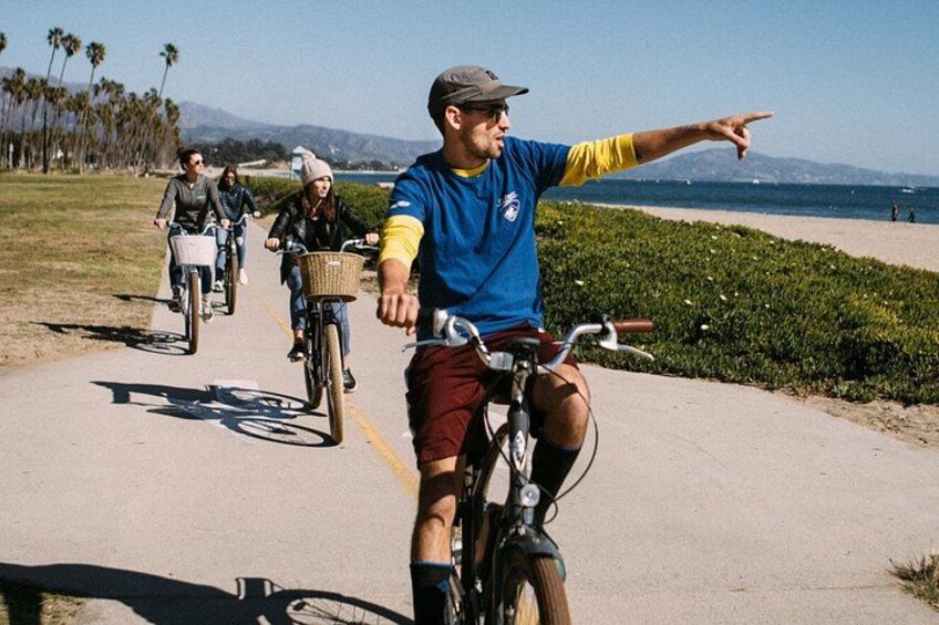 En grupp cyklister på en asfalterad stig med en strand och palmer i bakgrunden. 4
