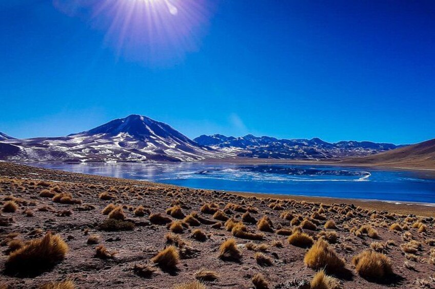 A mountain, a lake, and sparse vegetation. 2
