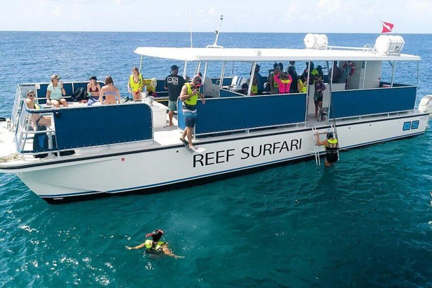 A boat named REEF SURFARI with people on board and a diver in the water. 3