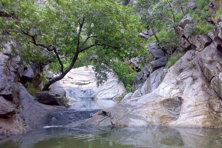 Ein felsiger Canyon mit Wasserfall und Bach. 4