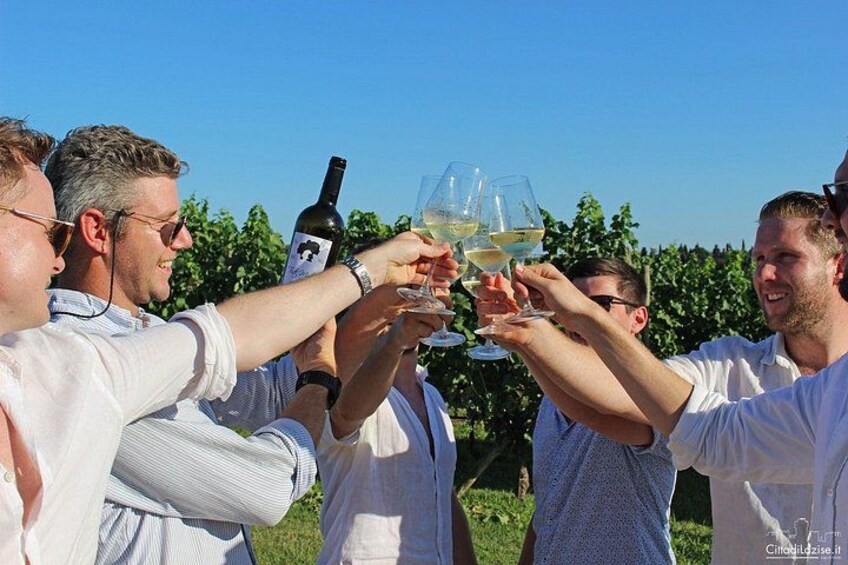 Een groep mensen proost met wijn in een wijngaard. 5