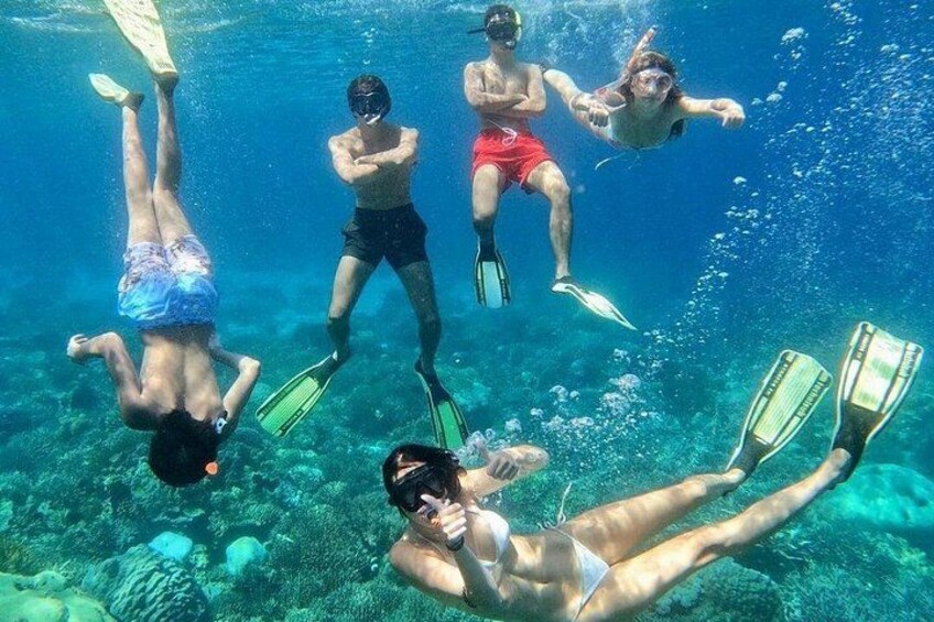 Folk snorkler under vandet med finner og masker. 5