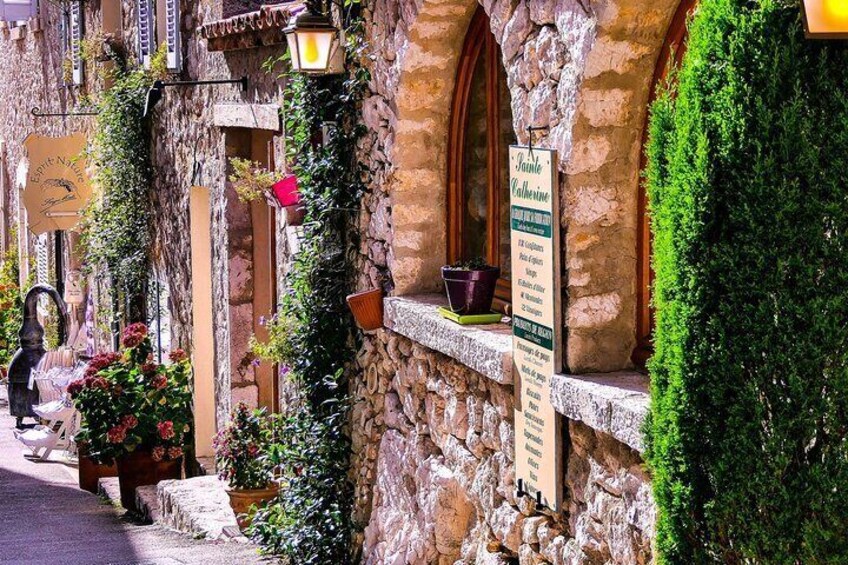 A stone building with ivy and potted plants, a signboard, and a street with a person walking. 5