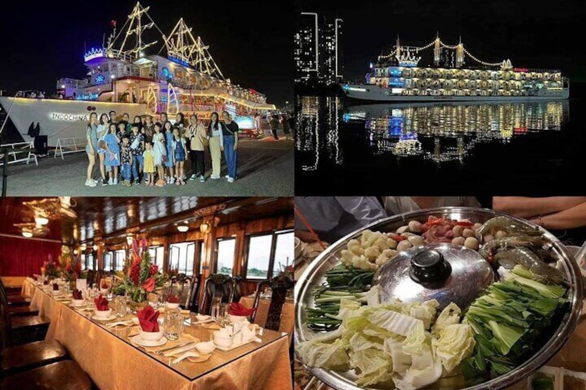 Un navire de croisière avec des passagers sur le pont, un espace de restauration où l’on sert des plats, et un buffet proposant des légumes. 1