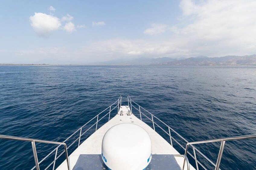 A boat's deck with a view of the ocean and distant land. 4