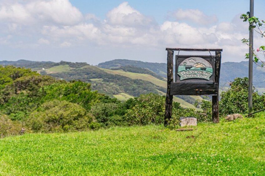 A signpost with a landscape in the background. 3