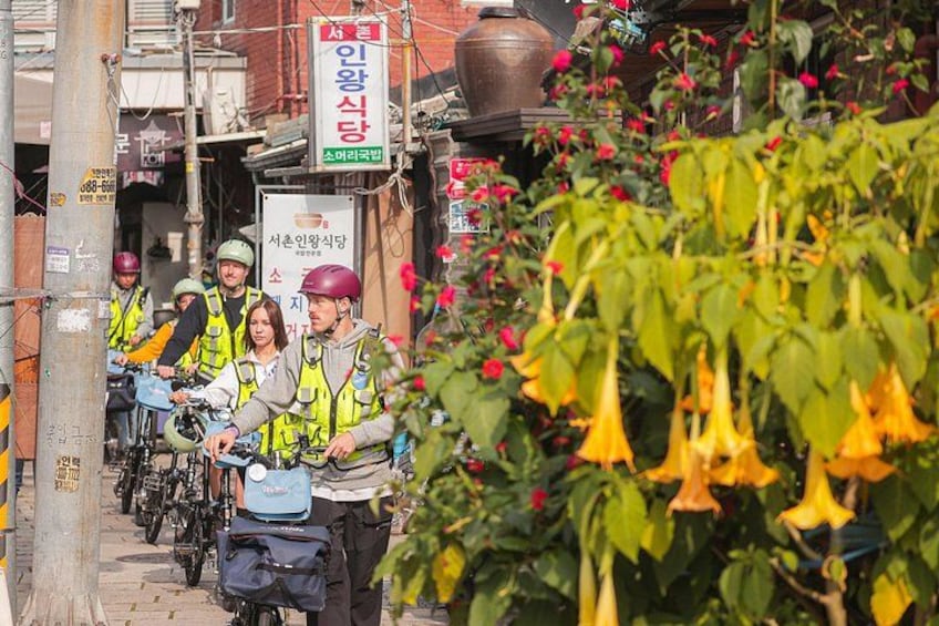 A group of people on bicycles, wearing safety vests, in an urban street with buildings and a flower plant. 5