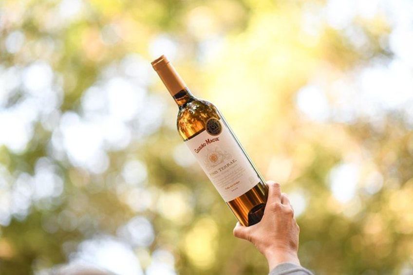 En hand håller i en vinflaska med en etikett som visar texten ”Chateau Mouton Rothschild”. 2