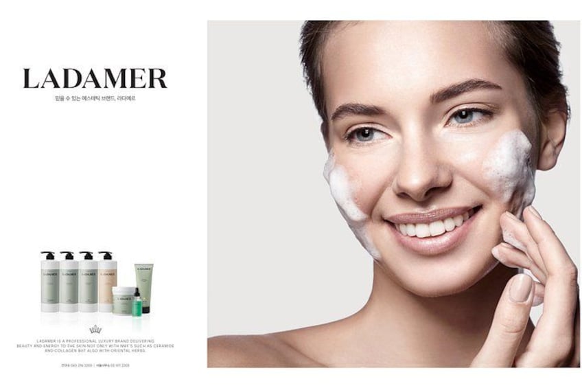 A woman with a blurred face, holding a product, and a Ladamer skincare line. 5