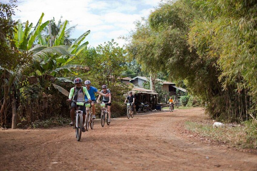 A dirt path with cyclists, surrounded by tropical vegetation and rustic buildings. 2