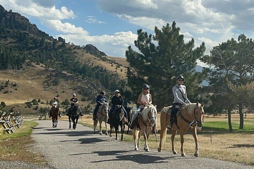 Un grupo de personas montando a caballo por un camino pavimentado en una zona montañosa con árboles y cielo despejado. 2