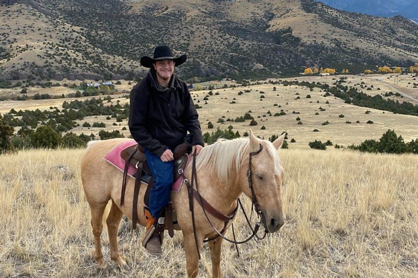 A person riding a horse in a grassy field with mountains in the background. 2