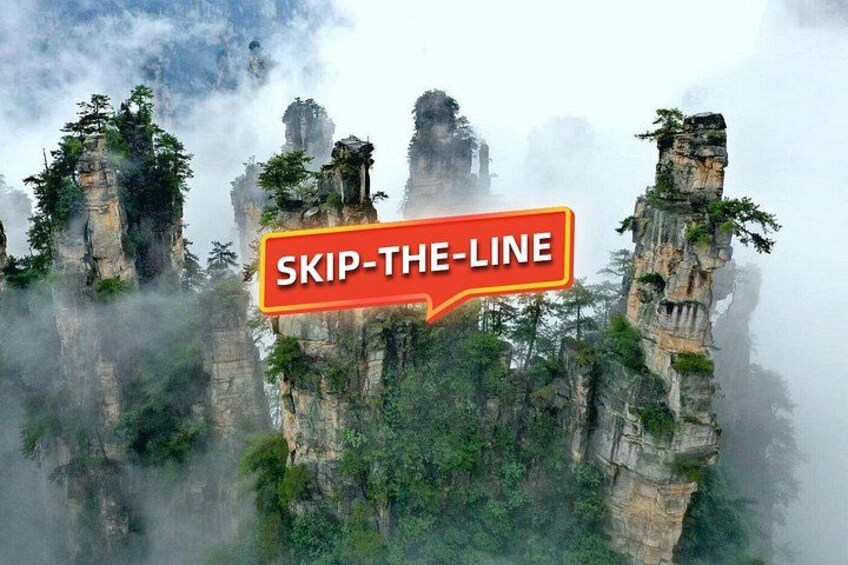 Towering rock formations with dense vegetation, and a speech bubble with the text 'SKIP-THE-LINE'. 1