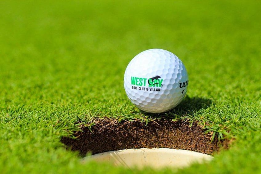 Een golfbal op een gazon met een hole. 2