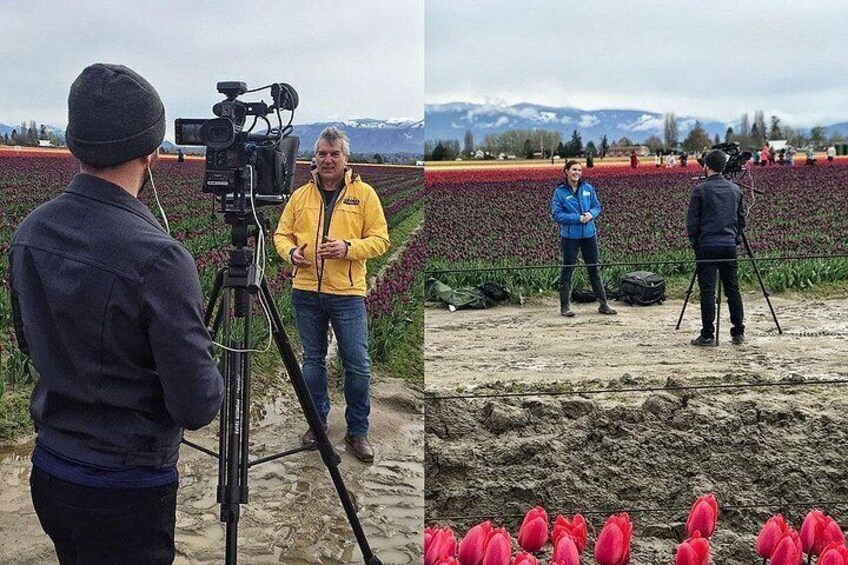 A person with a camera on a tripod, another person standing in a field of tulips, and a third person with a camera on a tripod. 4