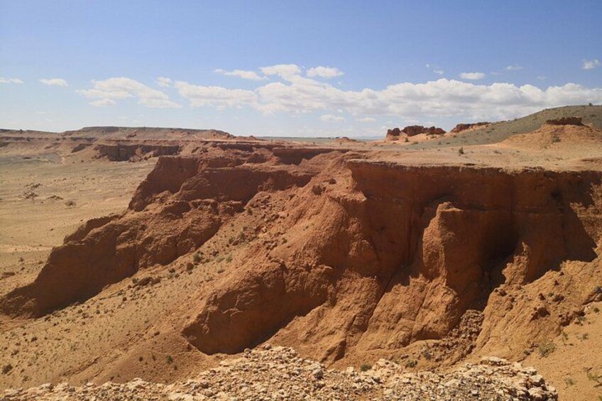 A desert landscape with red sand dunes and sparse vegetation. 1