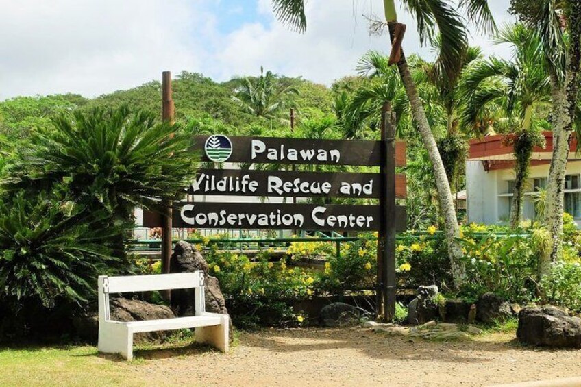 Une pancarte indiquant le centre de sauvetage et de conservation de la faune de Palawan, entourée d’une végétation luxuriante et de palmiers. 5