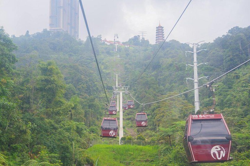 Un sistema de teleférico en una zona boscosa exuberante y verde con una pagoda al fondo. 3