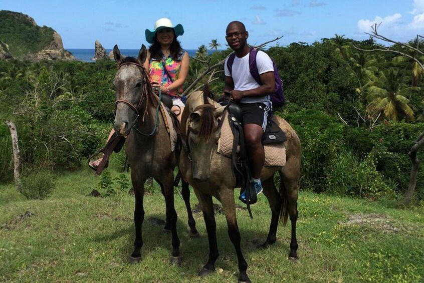 Two people riding horses on a grassy path with a tropical landscape in the background. 5