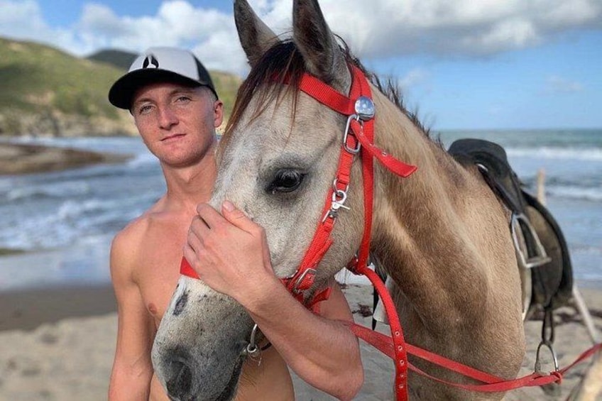 A person with a horse on a beach. 2