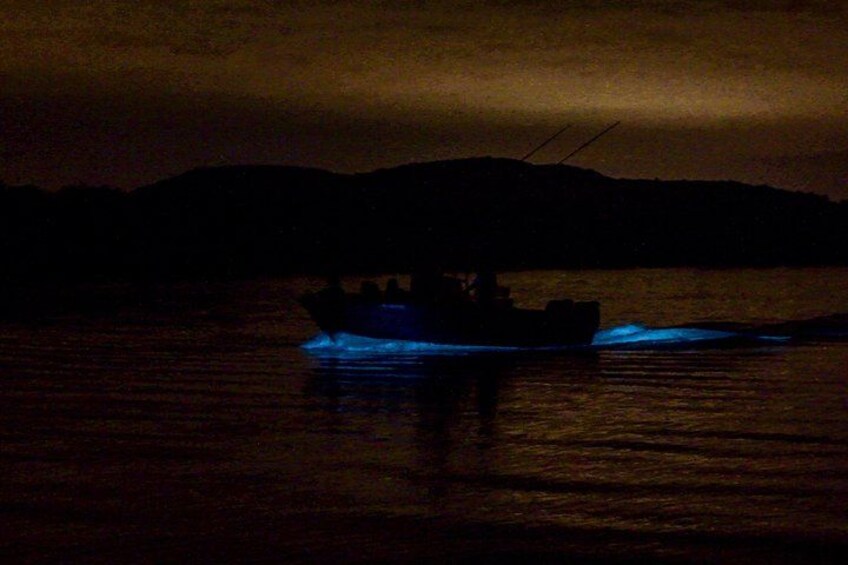 A boat with blue lights on a dark body of water. 1