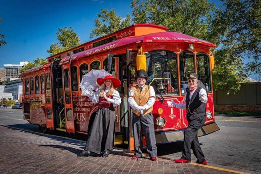 Meet your three costumed guides aboard the City Sights Salt Lake Trolley Tour—a one-of-a-kind musical sightseeing show on wheels filled with comedy, songs, and unforgettable Salt Lake City stories. 1