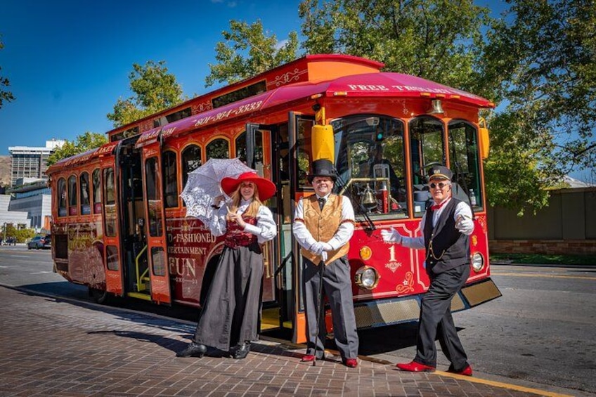 Meet your three costumed guides aboard the City Sights Salt Lake Trolley Tour—a one-of-a-kind musical sightseeing show on wheels filled with comedy, songs, and unforgettable Salt Lake City stories. 1