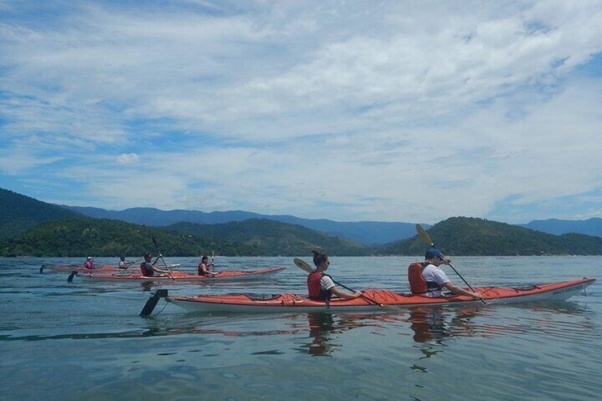 Double sea kayaks in safe flatwater conditions