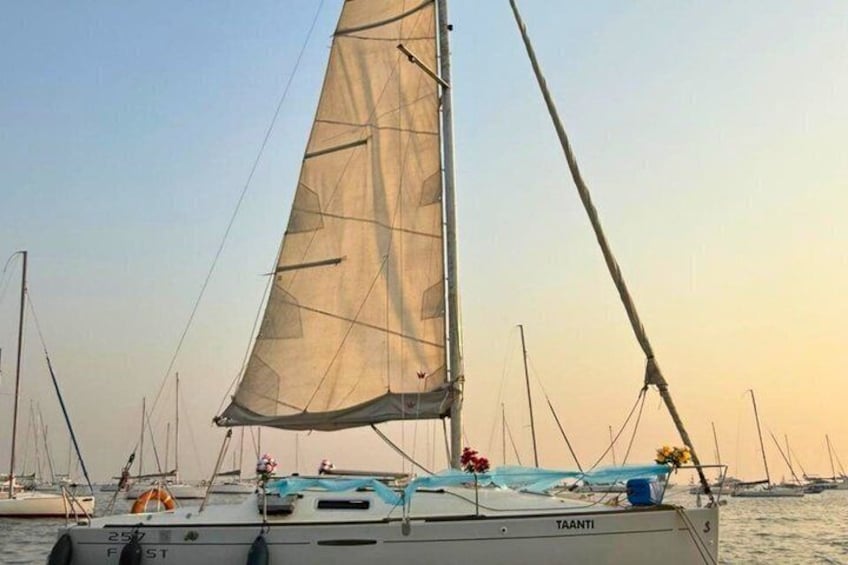 A sailboat with a large sail, named 'TAANTI,' docked among other boats. 1