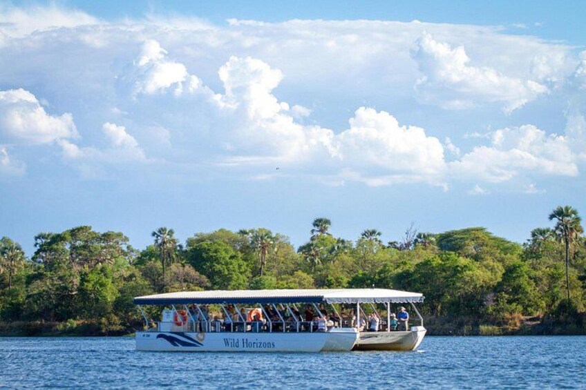 Un barco llamado 'Wild Horizons' en una masa de agua con una costa arbolada al fondo. 5