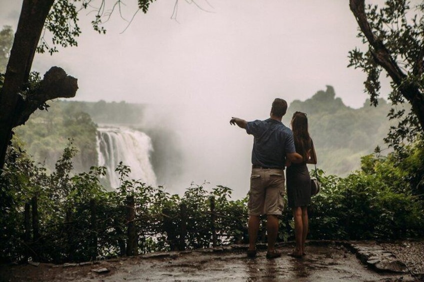 A couple standing on a forested path, overlooking a waterfall. 4
