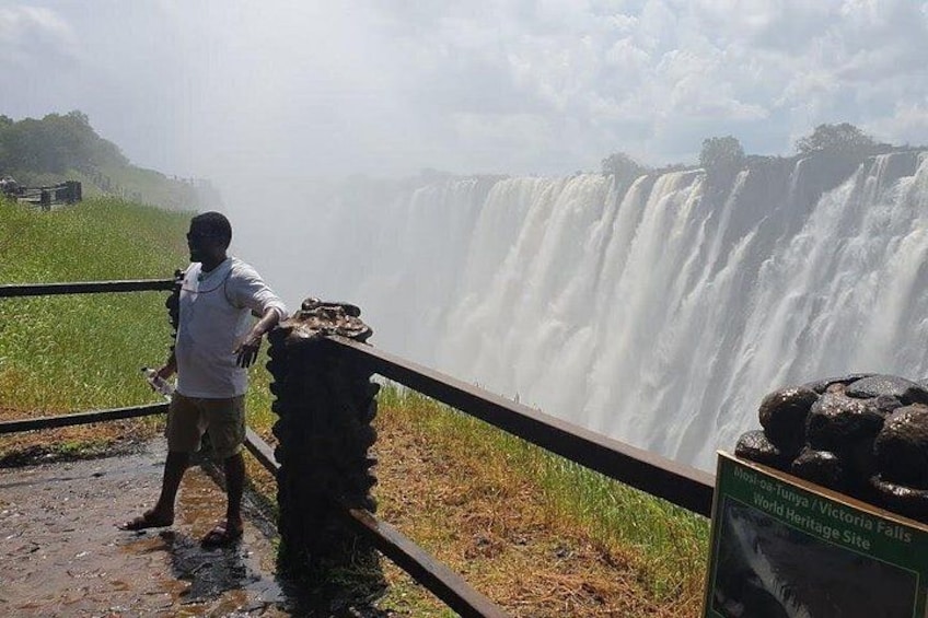 A person standing by a railing overlooking a waterfall. 5