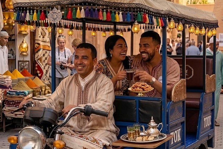 Een traditionele riksja met passagiers, een dienblad met eten en een marktkraam op de achtergrond. 4