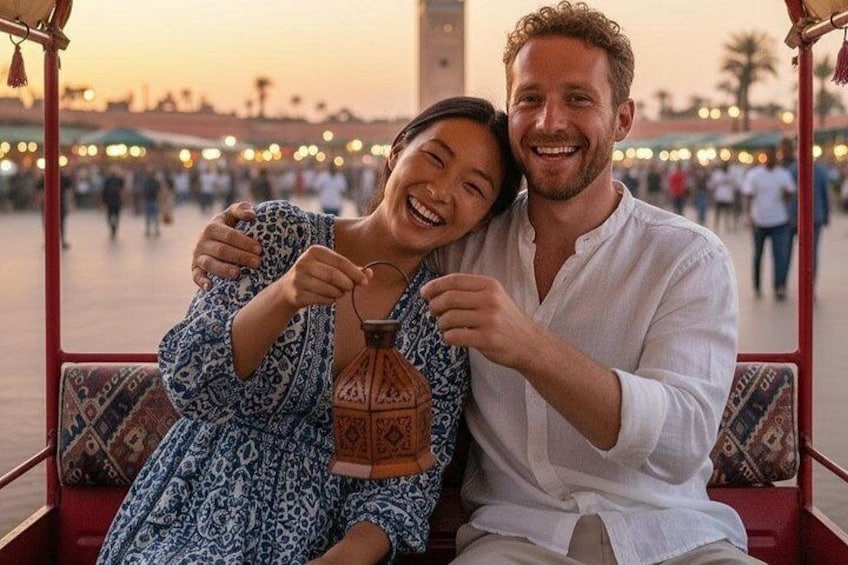 A couple sitting on a traditional carriage, a market in the background, and a clear sky. 1