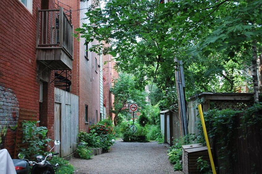 Une ruelle étroite bordée d’immeubles en briques, avec une moto et une végétation luxuriante. 2
