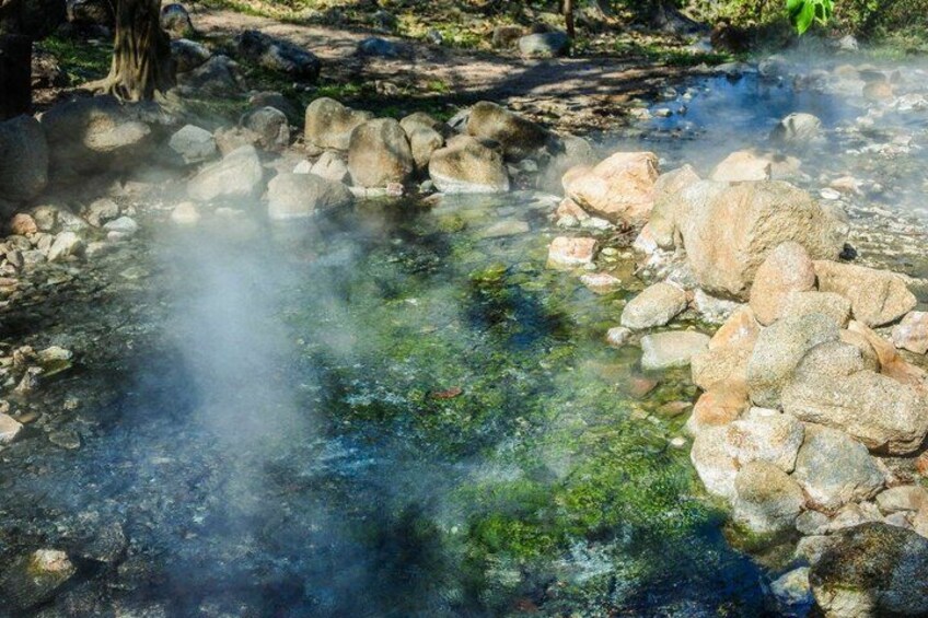 Un manantial de aguas termales con vapor ascendiendo, rodeado de rocas y follaje. 3